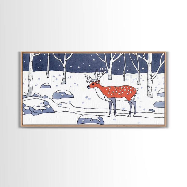 Red Deer In Snowy Birch Forest Canvas Print, Winter Wildlife Wall Art, Woodland Nursery Decor, Rustic Cabin Home Decor Gift
