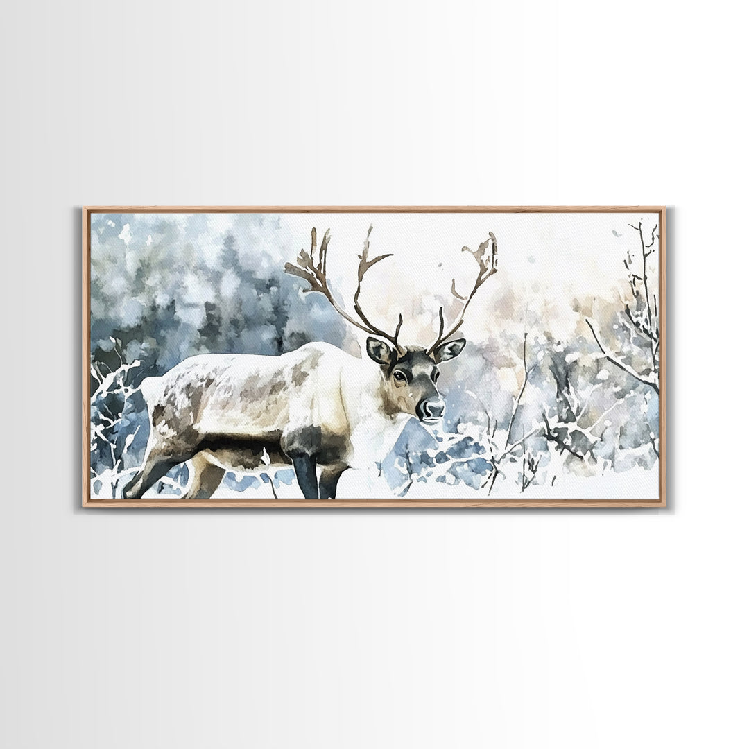Majestic Caribou In Frosted Woods Framed Canvas Print, Winter Wildlife Wall Art, Rustic Cabin Decor, Nature Lover Art Gift