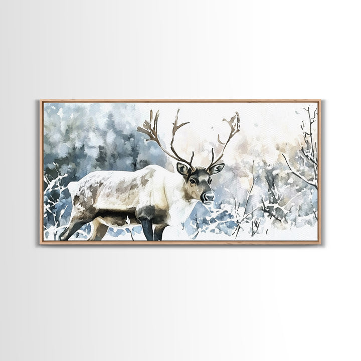 Majestic Caribou In Frosted Woods Framed Canvas Print, Winter Wildlife Wall Art, Rustic Cabin Decor, Nature Lover Art Gift