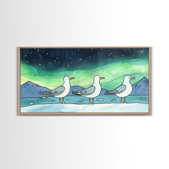 Three Seagulls Under Aurora Sky Wall Art, Winter Coastal Bird Canvas Print, Nautical Ocean Decor, Beach House Christmas Gift