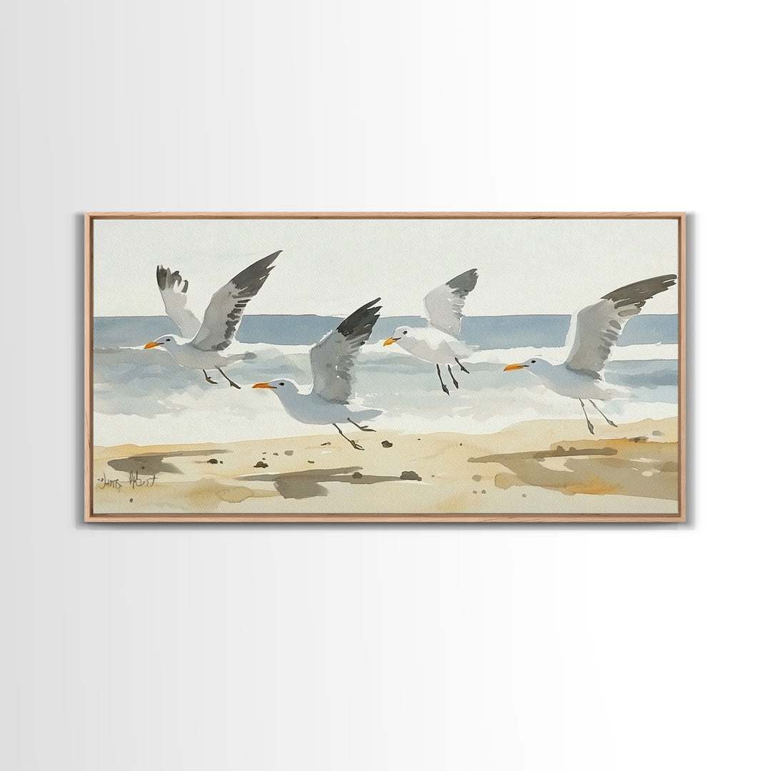 Flying Seagulls Over Sandy Watercolor Beach Wall Art, Coastal Ocean Canvas Print, Nautical Seascape Decor, Beach House Gift