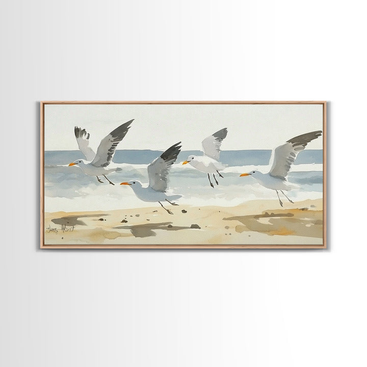Flying Seagulls Over Sandy Watercolor Beach Wall Art, Coastal Ocean Canvas Print, Nautical Seascape Decor, Beach House Gift