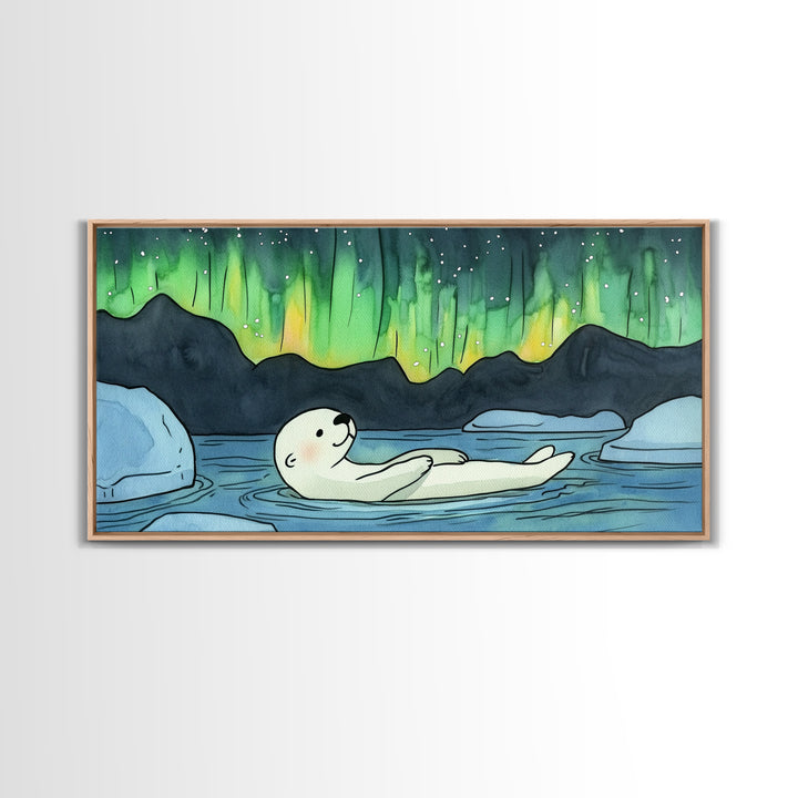 Polar Bear Floating Beneath Aurora Canvas Print, Arctic Wildlife Wall Art, Northern Lights Decor, Kids Room Animal Gift Print