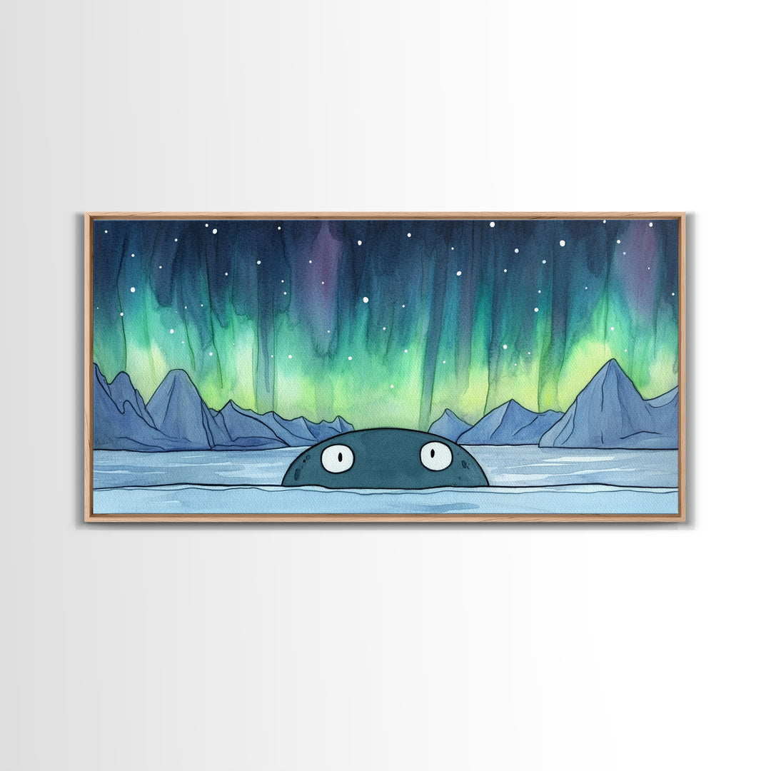 Whimsical Whale Peeking At Aurora Canvas Print, Northern Lights Wall Art, Arctic Ocean Decor, Kids Room Animal Gift For Nursery