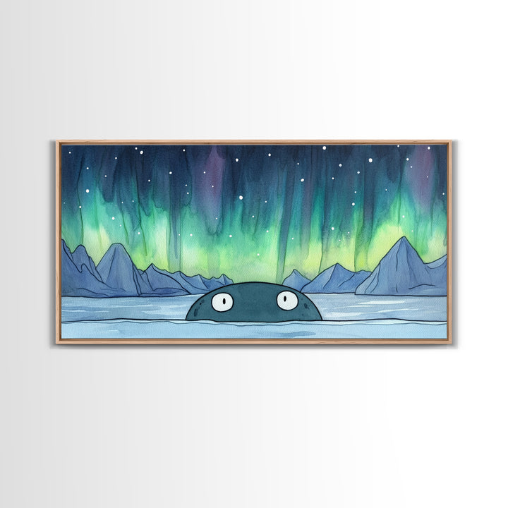 Whimsical Whale Peeking At Aurora Canvas Print, Northern Lights Wall Art, Arctic Ocean Decor, Kids Room Animal Gift For Nursery