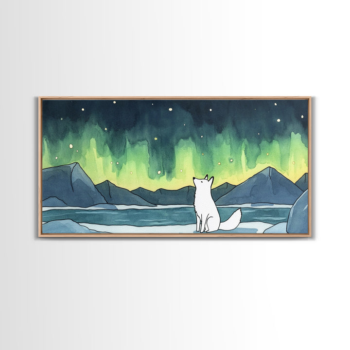 White Arctic Fox Watching Aurora Canvas Print, Northern Lights Wall Art, Winter Landscape Decor, Nature Lover Gift For Her