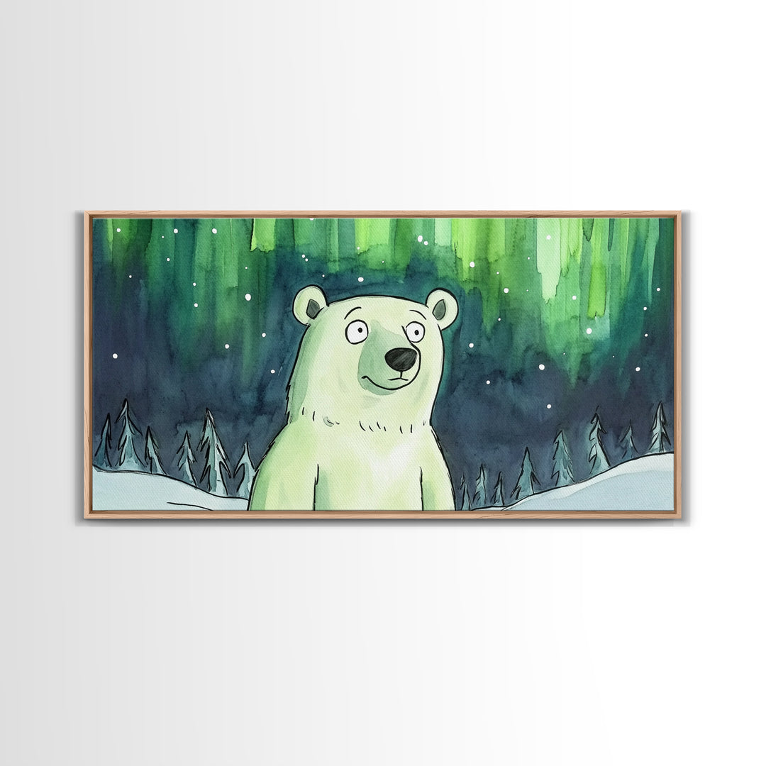 Polar Bear Under Northern Lights Canvas Print, Whimsical Winter Wall Art, Kids Room Decor, Nursery Animal Art Gift For Baby Bedroom