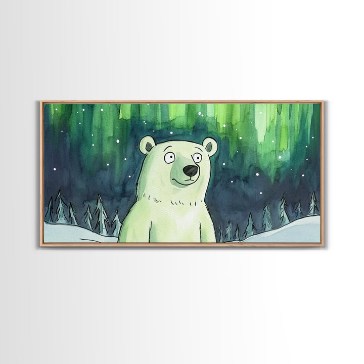 Polar Bear Under Northern Lights Canvas Print, Whimsical Winter Wall Art, Kids Room Decor, Nursery Animal Art Gift For Baby Bedroom