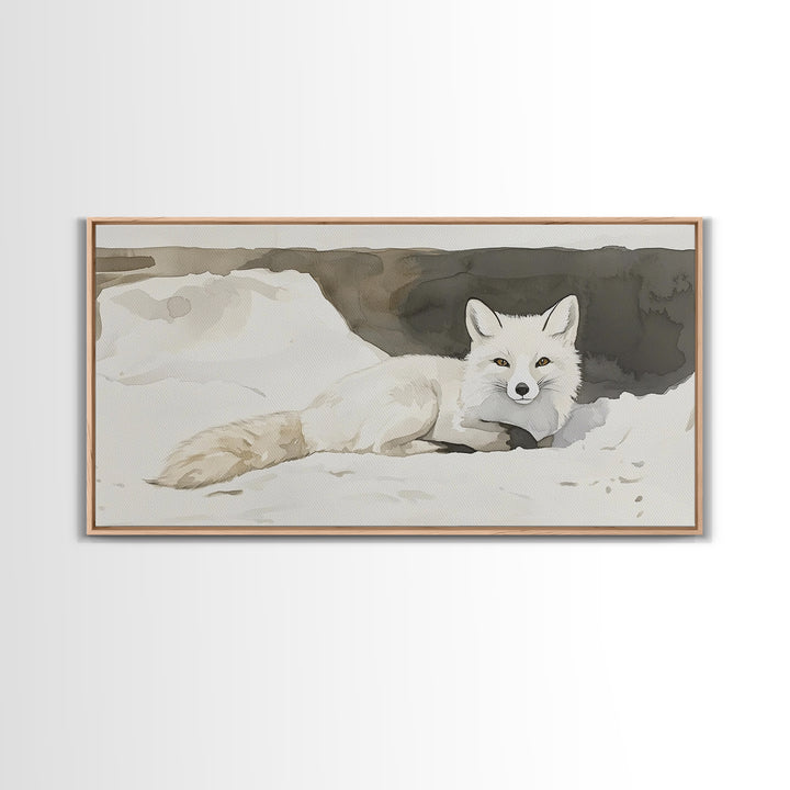 White Arctic Fox In Snow Canvas Print, Neutral Winter Wildlife Wall Art, Nursery Animal Art, Scandinavian Bedroom Decor Gift