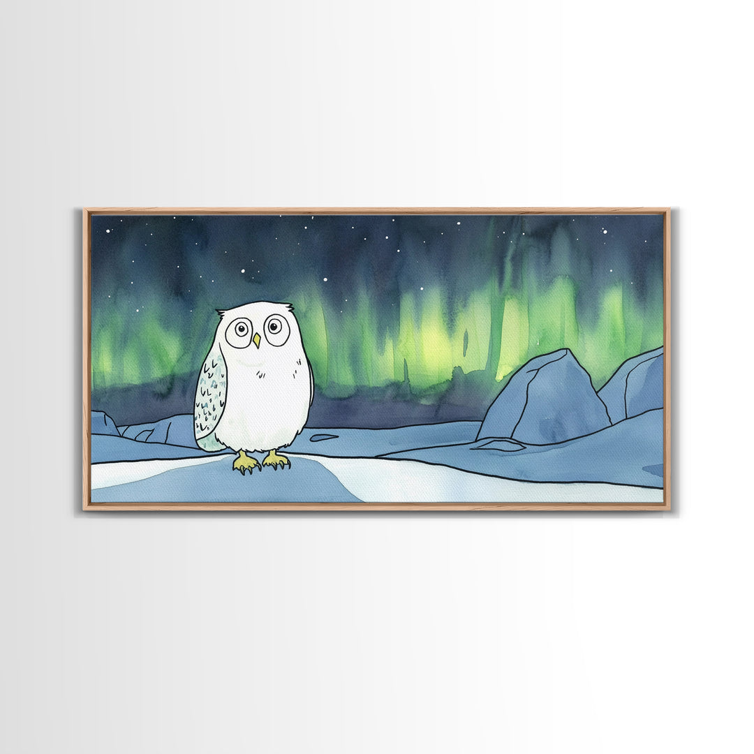 Wide Eyed Snowy Owl Aurora Canvas Print, Northern Lights Wall Art, Whimsical Animal Art, Kids Room Decor Gift For Baby Bedroom