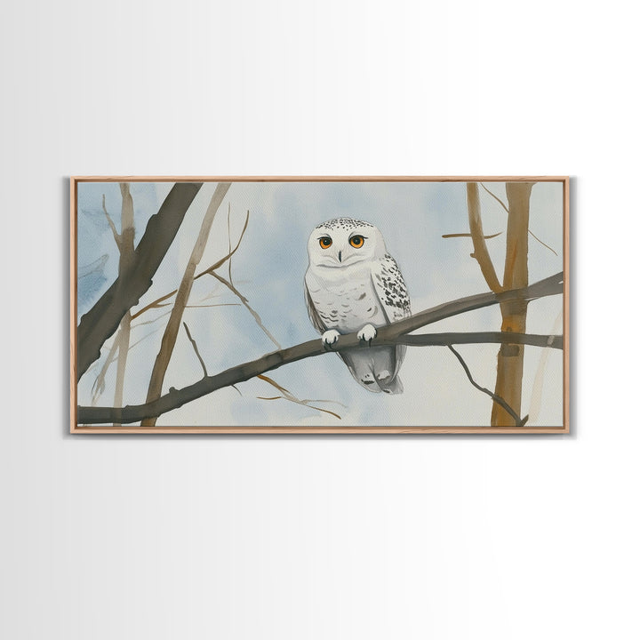 Snowy Owl On Winter Branch Canvas Print, Woodland Wildlife Wall Art, Neutral Nursery Animal Art, Scandinavian Office Decor