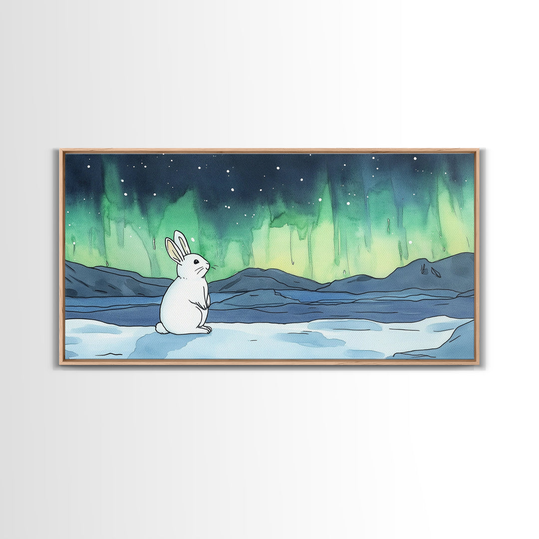 White Rabbit Watching Aurora Canvas Print, Northern Lights Wall Art, Whimsical Animal Art, Nursery Decor Gift For Kids Room