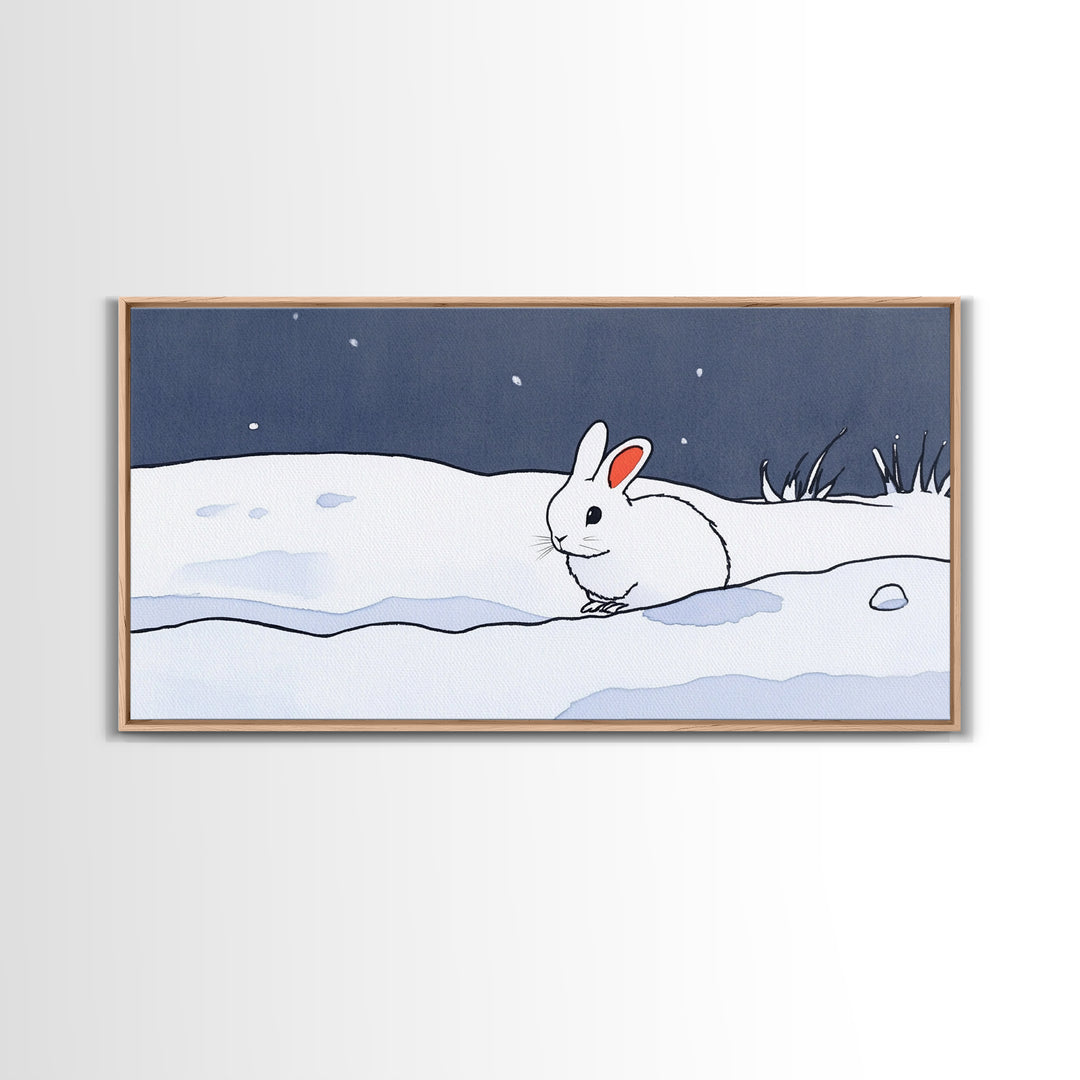 Little White Rabbit In Snow Canvas Print, Minimal Winter Wall Art, Nursery Animal Art, Scandinavian Kids Room Decor Gift
