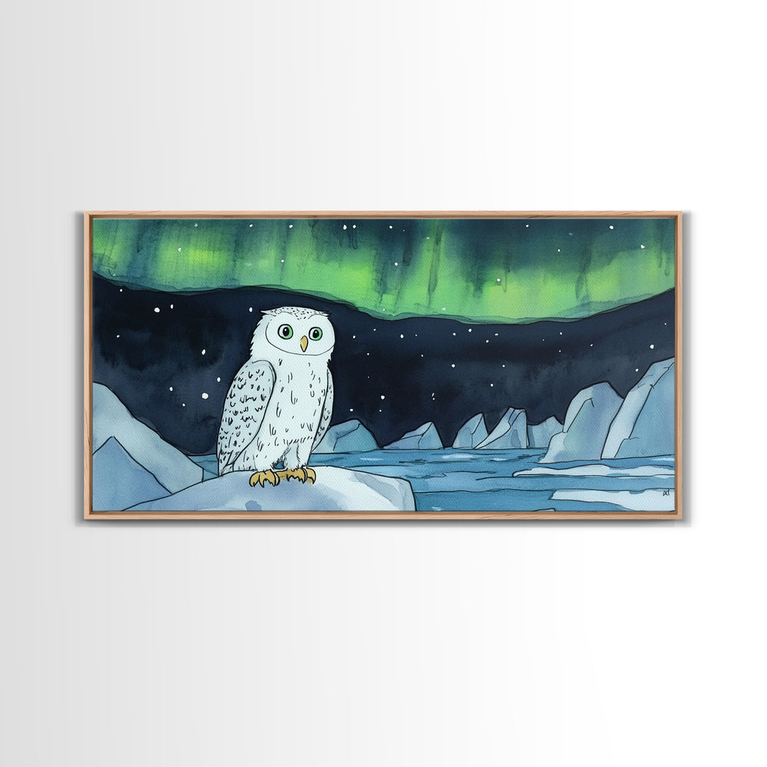 Snowy Owl Under Northern Lights Framed Canvas Print, Aurora Borealis Wall Decor, Arctic Wildlife Nursery Or Cabin Art Gift