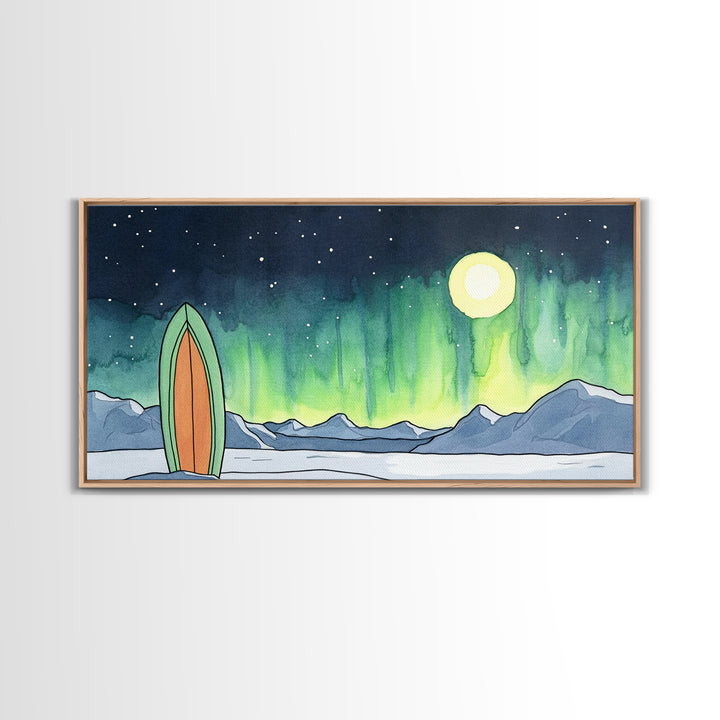 Surfboard Under Northern Lights Framed Canvas Print, Aurora Mountain Wall Art, Coastal Adventure Decor For Bedroom Or Beach House Decor