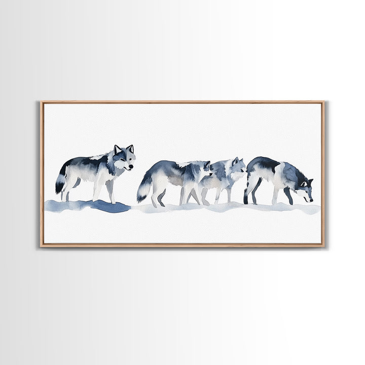 Walking Wolf Pack In Snow Framed Canvas Print, Watercolor Wildlife Wall Art, Rustic Cabin Decor, Winter Animal Art Print