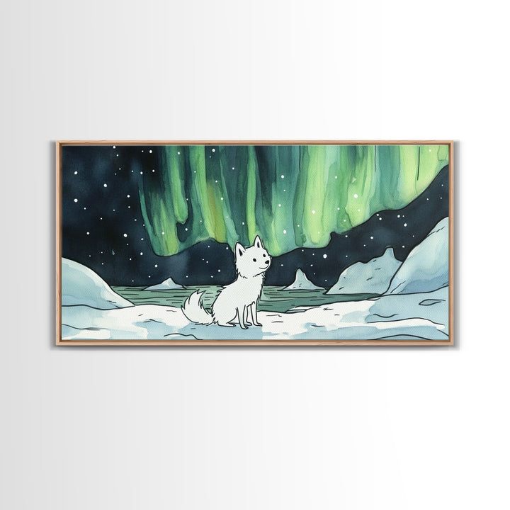 Sitting White Fox With Aurora Sky, Framed Canvas Print, Celestial Wall Art, Winter Nursery Decor, Whimsical Gift For Her