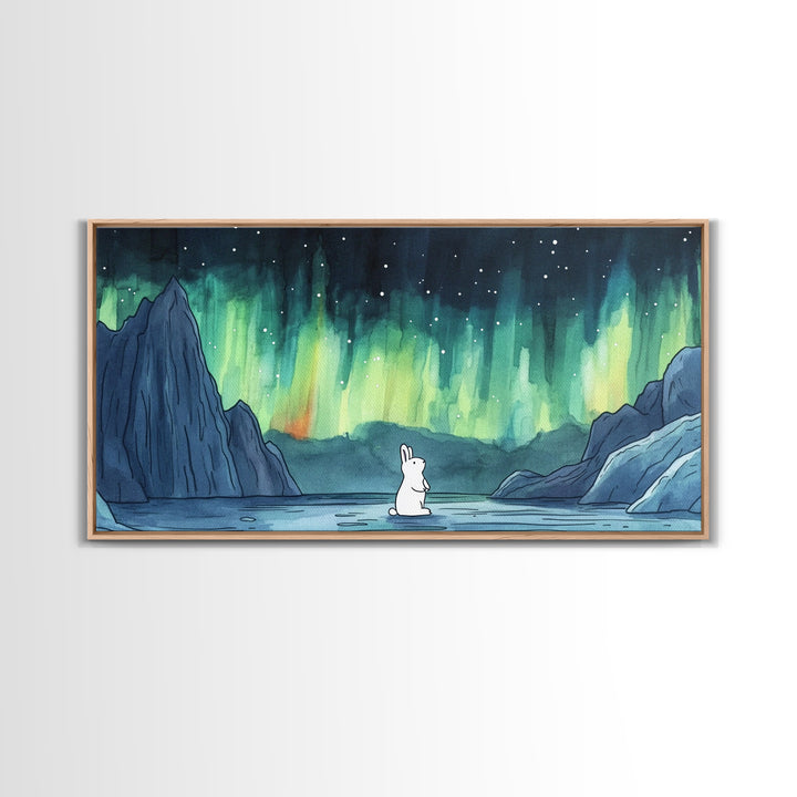 White Arctic Hare Under Aurora, Panoramic Wall Art, Celestial Winter Landscape, Whimsical Nursery Decor, Nature Canvas Print