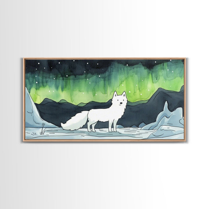 Standing White Arctic Fox With Northern Lights, Wall Art, Celestial Winter Landscape, Wildlife Canvas Print, Cozy Home Decor