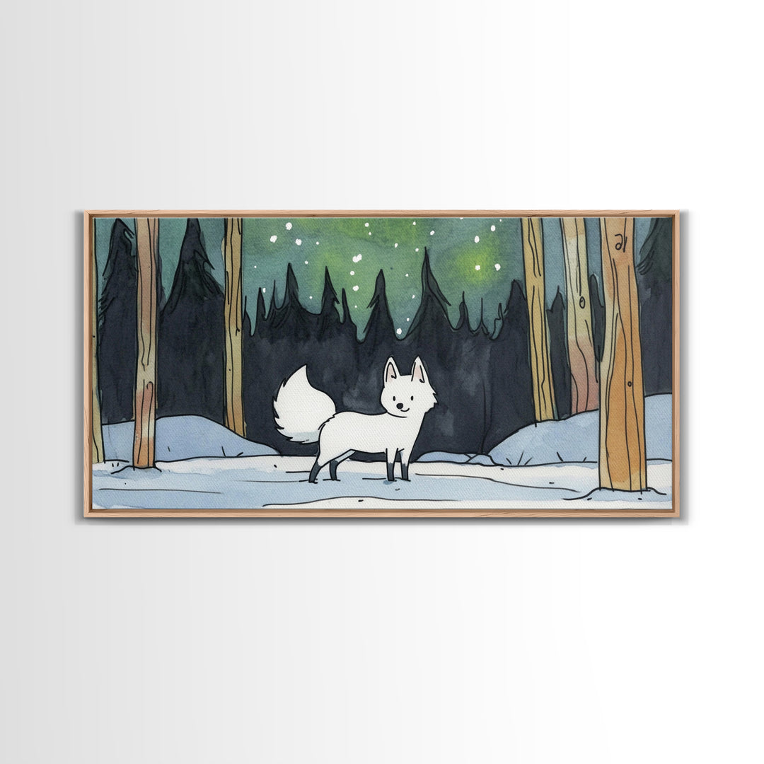 White Fox In Snowy Pine Forest, Framed Canvas Print, Nordic Winter Wall Art, Woodland Nursery Decor, Whimsical Gift For Her