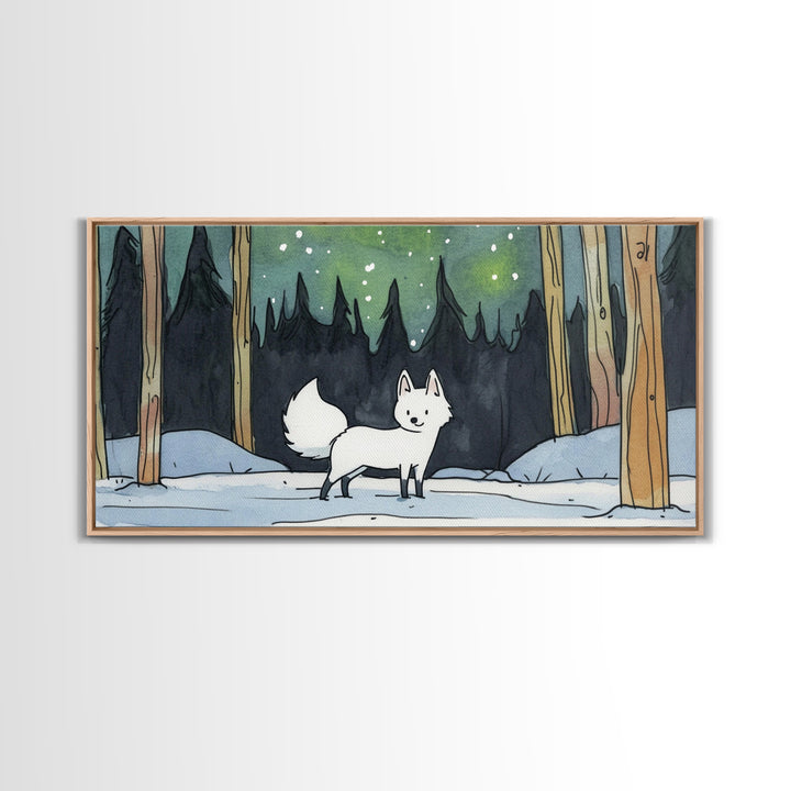 White Fox In Snowy Pine Forest, Framed Canvas Print, Nordic Winter Wall Art, Woodland Nursery Decor, Whimsical Gift For Her