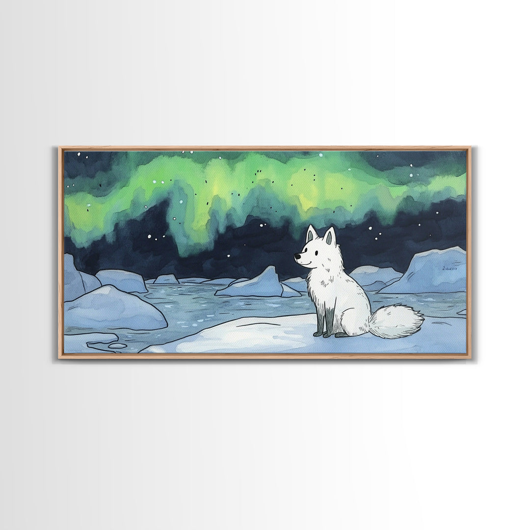 Sitting Arctic Fox On Ice Under Aurora, Canvas Print, Celestial Wall Art, Winter Coastal Decor, Calming Wildlife Gift For Her
