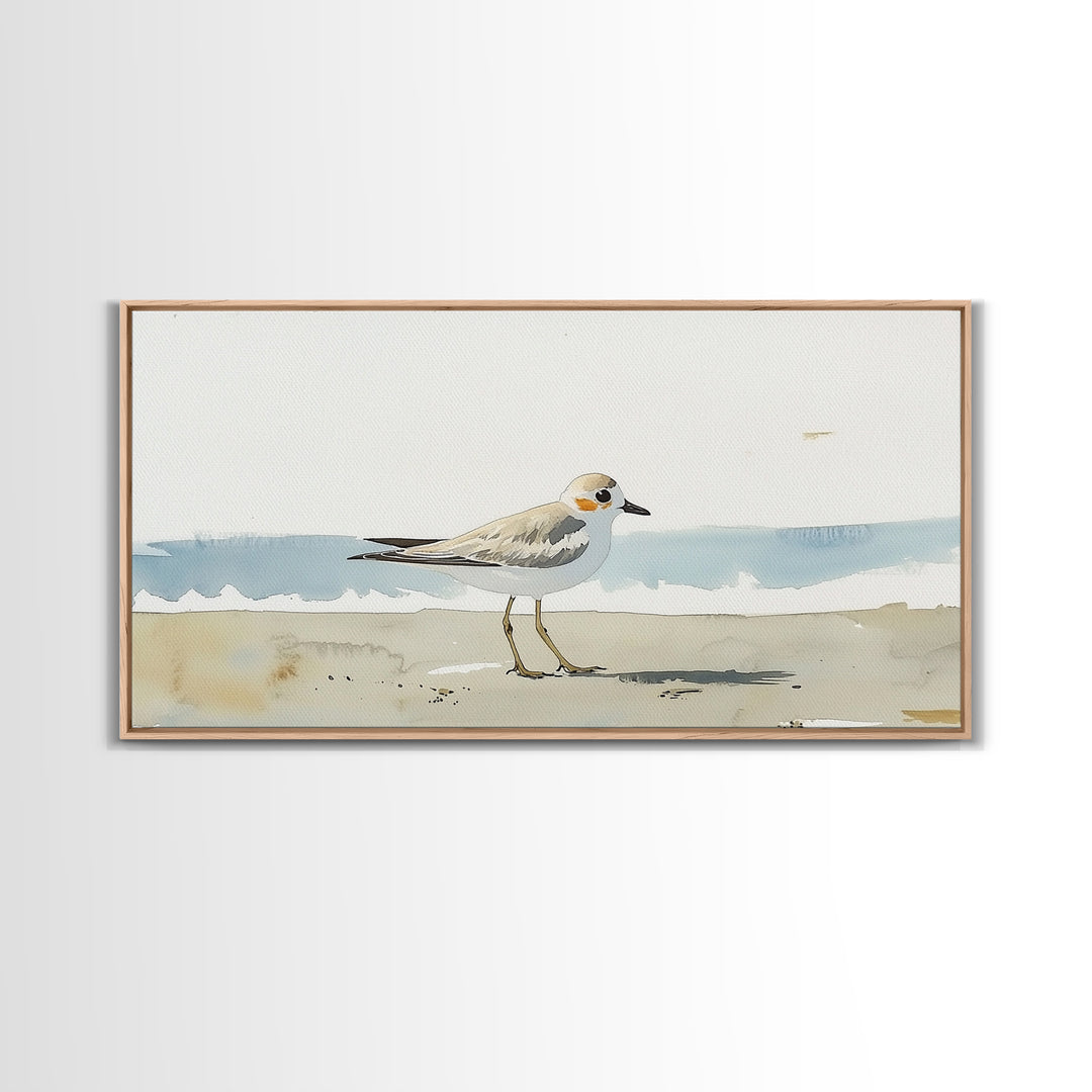 Tiny Snowy Plover Beside Gentle Surf Canvas Print, Watercolor Bird Art, Coastal Wall Art, Beach House Decor, Nature Print