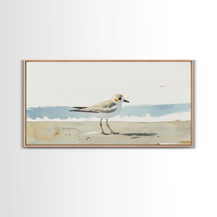 Tiny Snowy Plover Beside Gentle Surf Canvas Print, Watercolor Bird Art, Coastal Wall Art, Beach House Decor, Nature Print