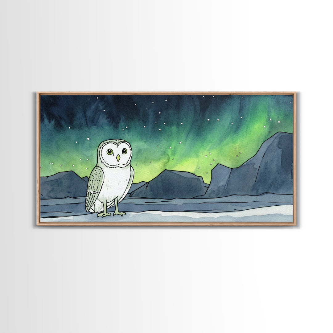 Snowy Owl Under Aurora Borealis Wall Art, Arctic Landscape Canvas Print, Wildlife Nursery Decor, Northern Lights Gift For Bird Lover