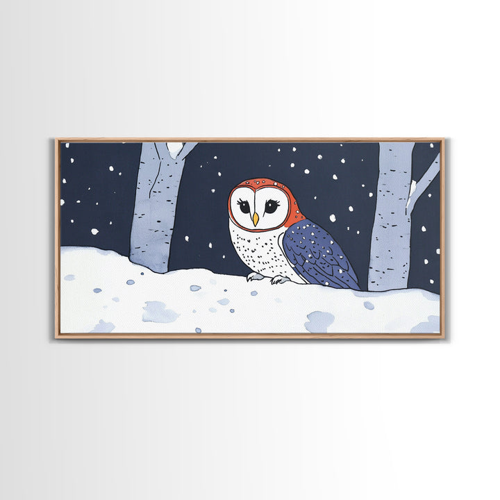 Cute Red And Blue Owl In Snow Wall Art, Woodland Nursery Decor, Whimsical Bird Print, Winter Animal Canvas For Kids Room