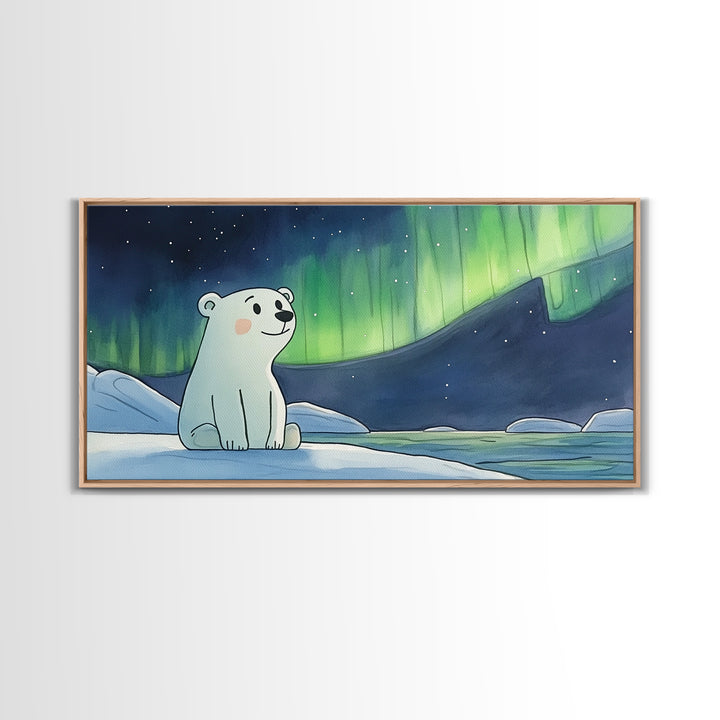 Smiling Polar Bear Under Northern Lights Canvas Print, Whimsical Arctic Nursery Decor, Kids Room Wall Art, Baby Shower Gift