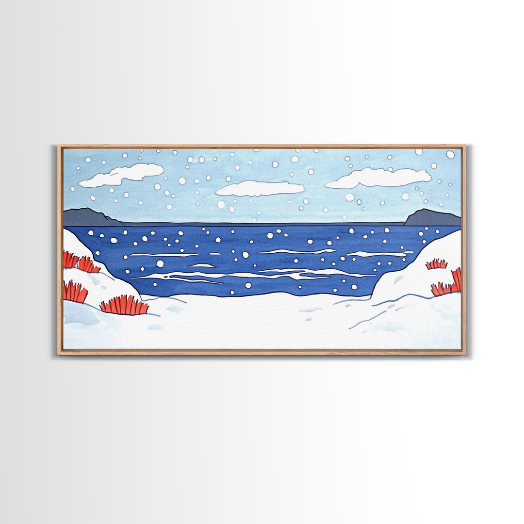Snowy Winter Ocean With Red Grass Wall Art, Minimal Coastal Landscape Print, Scandinavian Nursery Decor, Beach House Wall Decor