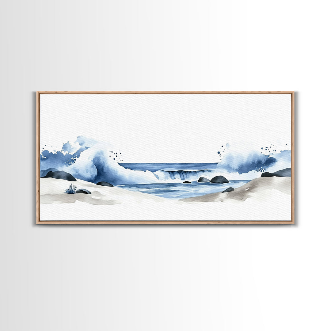 Crashing Blue Waves On Sandy Shore Canvas Print, Minimalist Ocean Wall Art, Coastal Bathroom Decor, Beach House Art Print