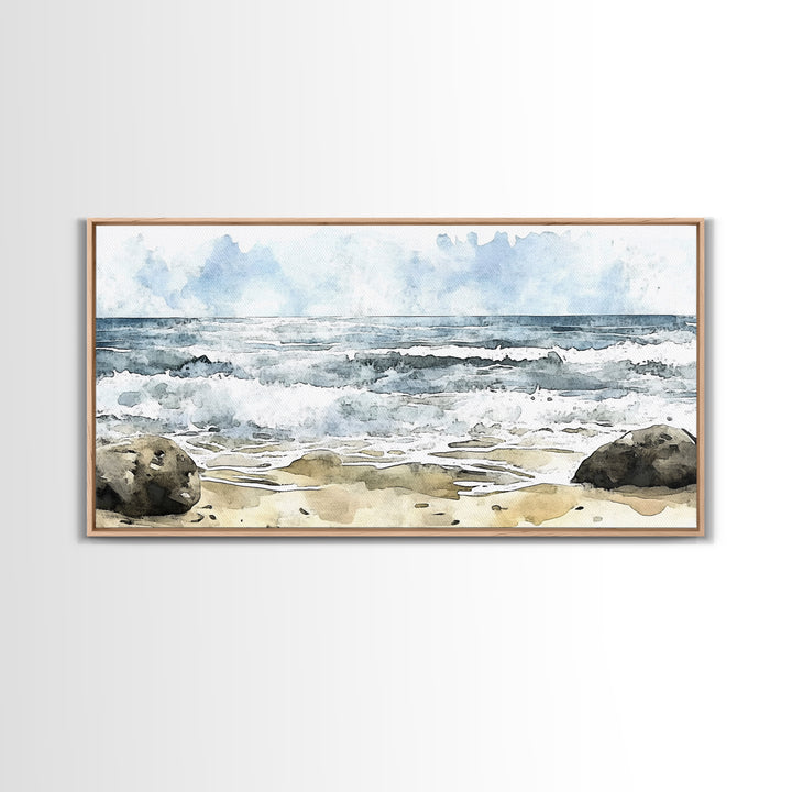 Rocky Surf And Foamy Tide Wall Art, Watercolor Ocean Painting Print, Nautical Coastal Decor, Beach House Living Room Art