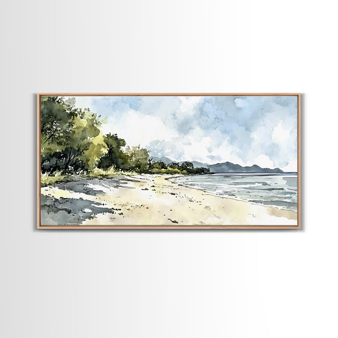Sunny Tropical Beach With Trees Canvas Print, Coastal Landscape Wall Art, Watercolor Ocean Decor, Beach House Living Room Print