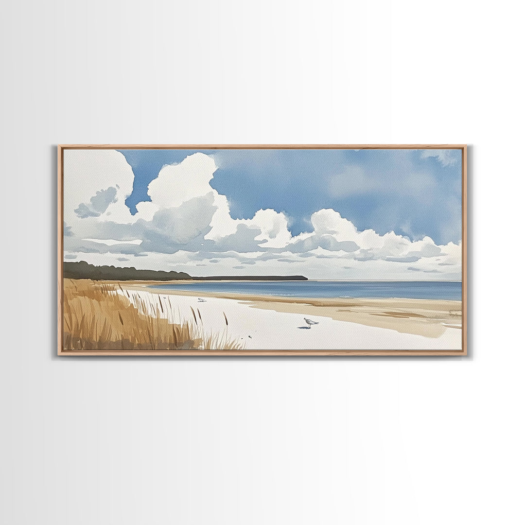 Open Sandy Beach With Big Clouds Wall Art, Soft Watercolor Seascape Print, Neutral Coastal Decor, Above Sofa Living Room Art