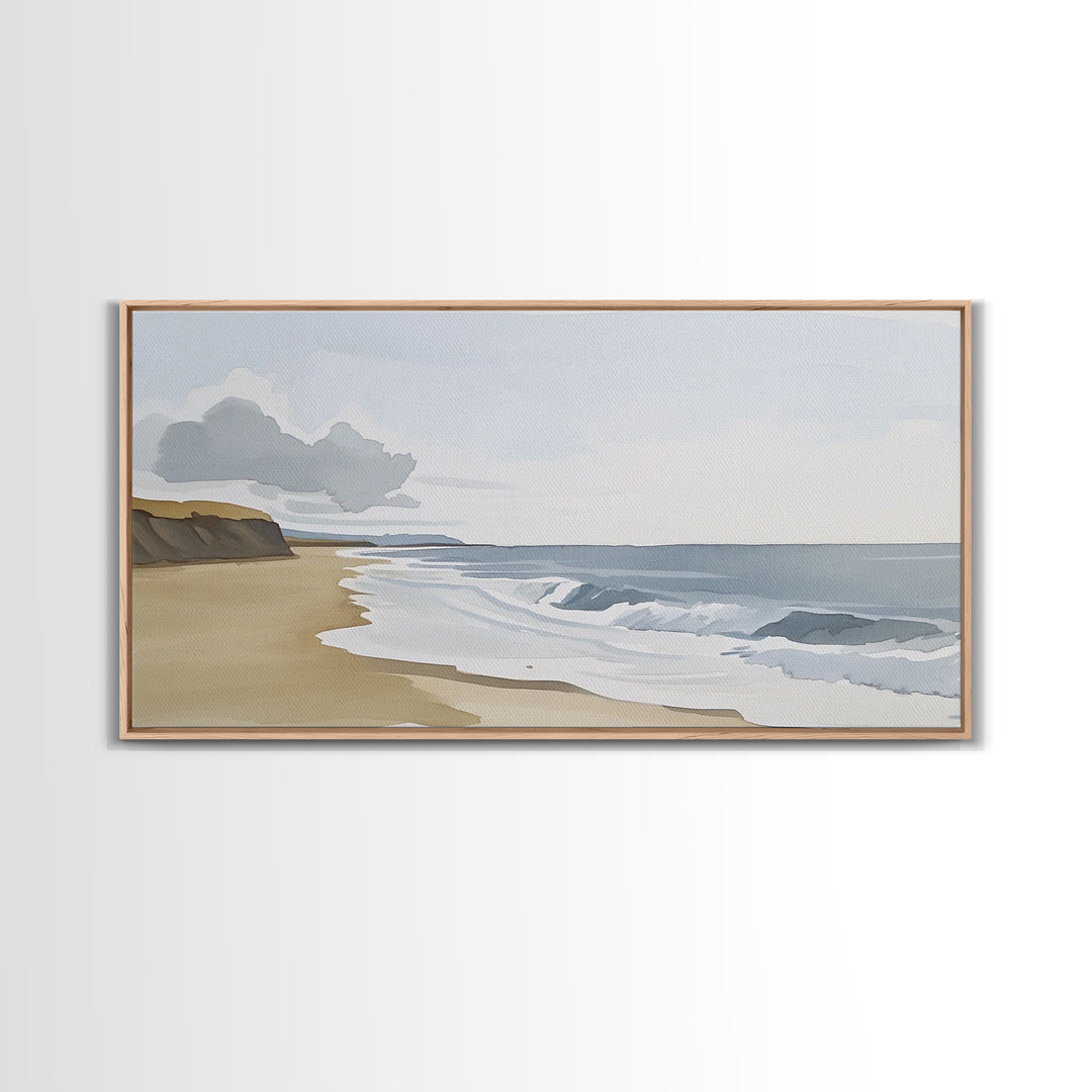 Quiet Shoreline With Rolling Waves Canvas Print, Minimalist Coastal Wall Art, Serene Beach Decor, Neutral Living Room Wall Art