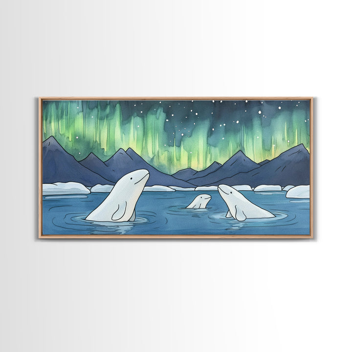 Beluga Whales Under Aurora Framed Canvas Print, Arctic Ocean Wildlife Wall Art, Nursery Decor, Kids Room Animal Art Prints