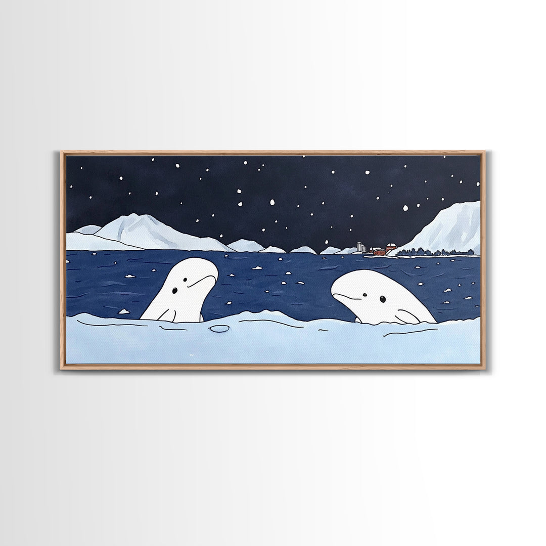Two Beluga Whales In Icy Bay Wall Art, Arctic Ocean Watercolor Painting, Coastal Nursery Decor, Winter Wildlife Print Gift