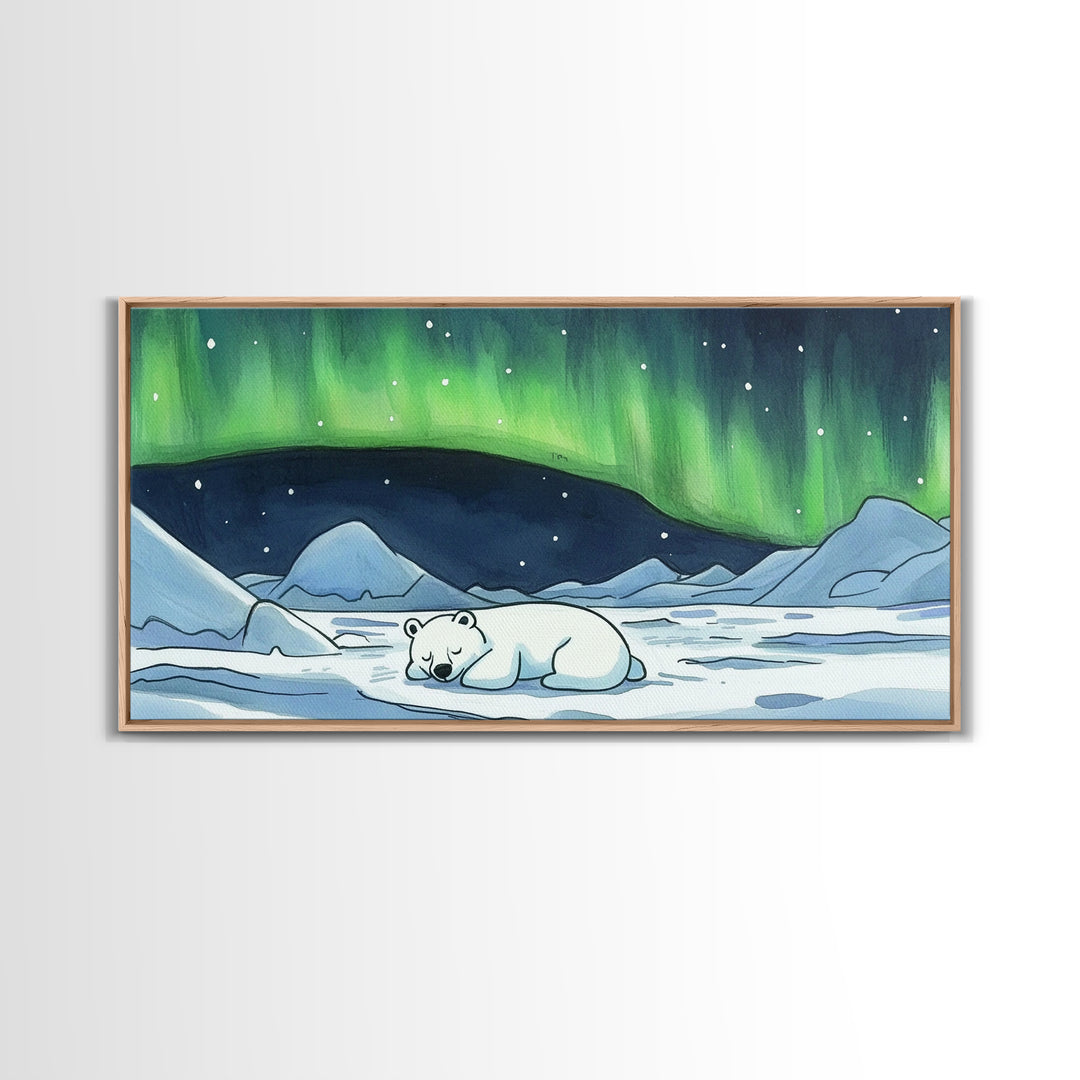Polar Bear Under Green Aurora Wall Art, Arctic Animal Nursery Decor, Winter Landscape Art Print, Kids Room Decor Baby Gift