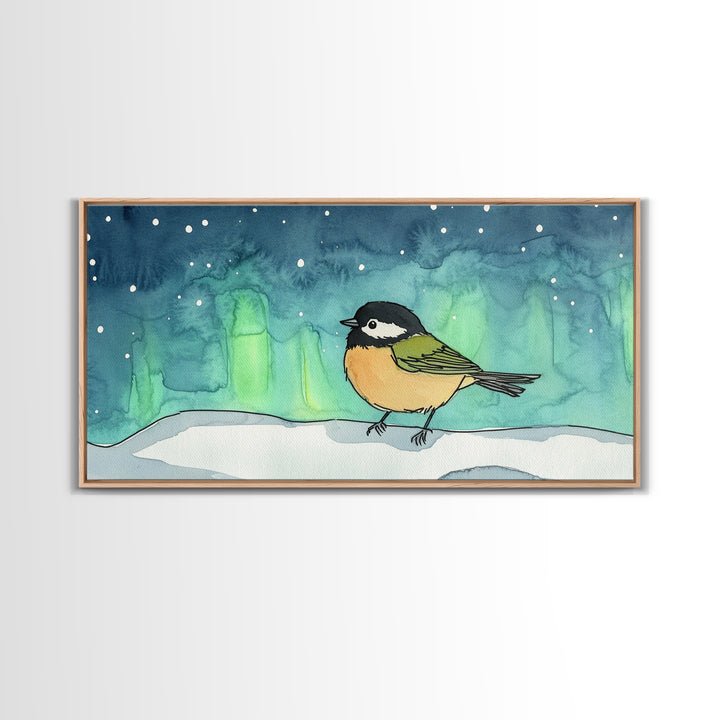 Chickadee Under Northern Lights Wall Art, Whimsical Bird Art Print, Celestial Nursery Decor, Kids Room Decor, Winter Wall Art