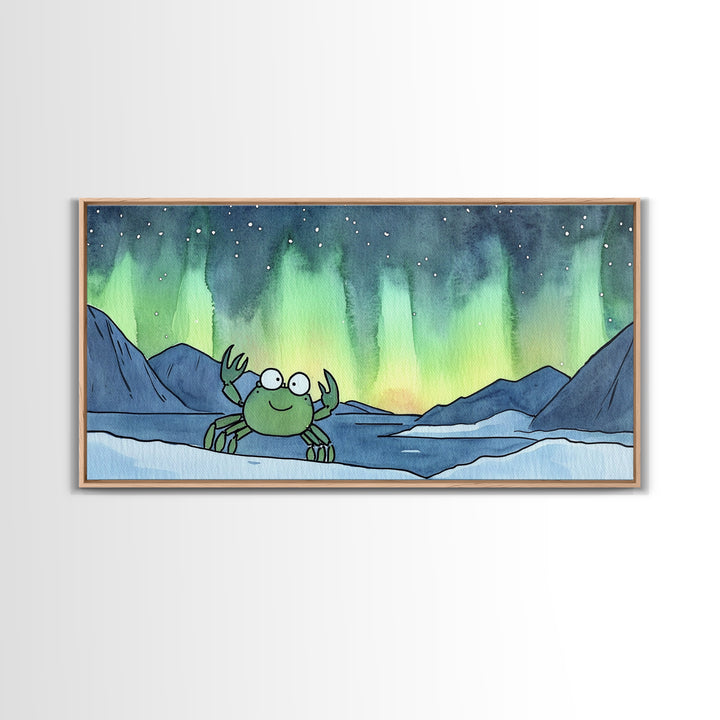 Cheerful Crab Under Northern Lights Wall Art, Whimsical Ocean Art Print, Coastal Nursery Decor, Kids Room Decor, Animal Wall Art