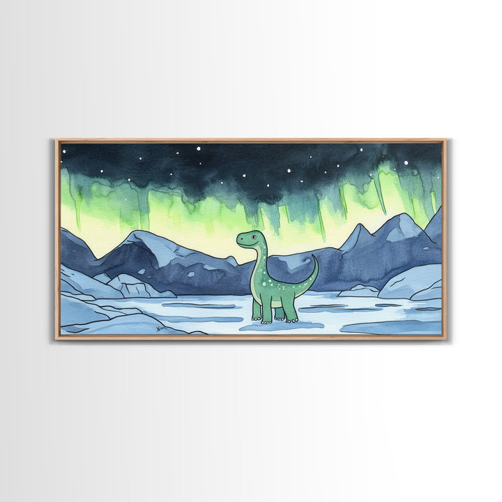 Friendly Loch Ness Dinosaur Under Aurora Wall Art, Whimsical Fantasy Art Print, Kids Room Decor, Nursery Wall Art, Lake Wall Art