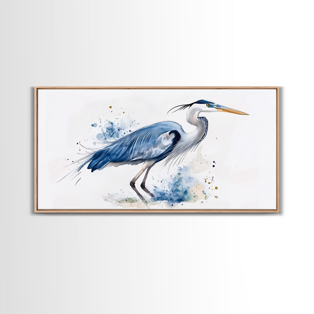 Blue Heron Watercolor Canvas Print, Elegant Coastal Bird Wall Art, Nautical Wildlife Decor, Beach House Living Room Art Print