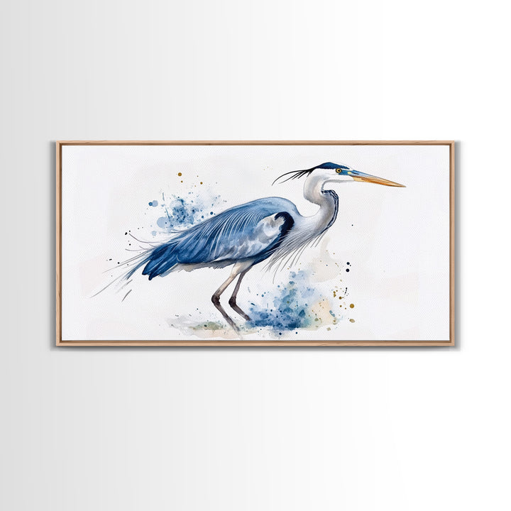 Blue Heron Watercolor Canvas Print, Elegant Coastal Bird Wall Art, Nautical Wildlife Decor, Beach House Living Room Art Print