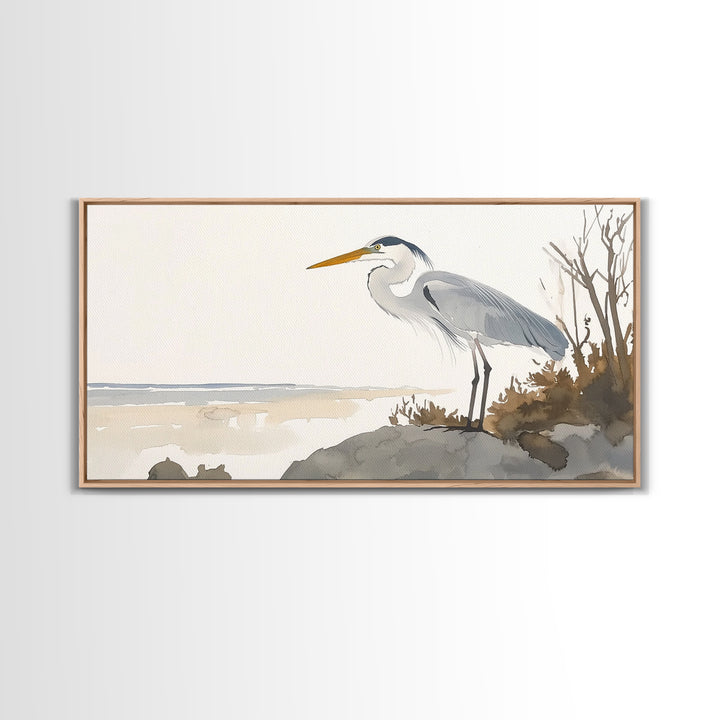Coastal Great Blue Heron Wall Art, Serene Beach Landscape Watercolor, Nautical Bird Print, Beach House Living Room Decor