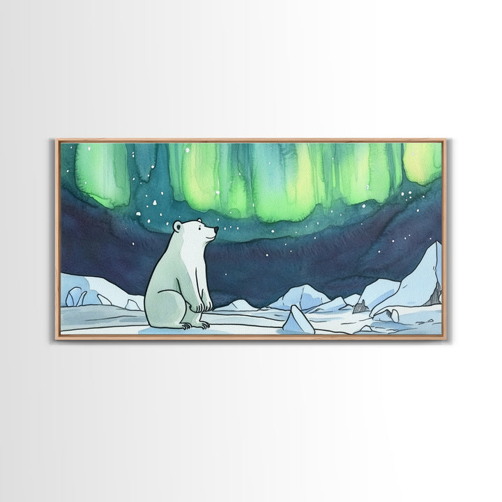 Polar Bear Northern Lights Canvas Print, Arctic Wildlife Wall Art, Aurora Borealis Nursery Decor, Whimsical Kids Room Gift