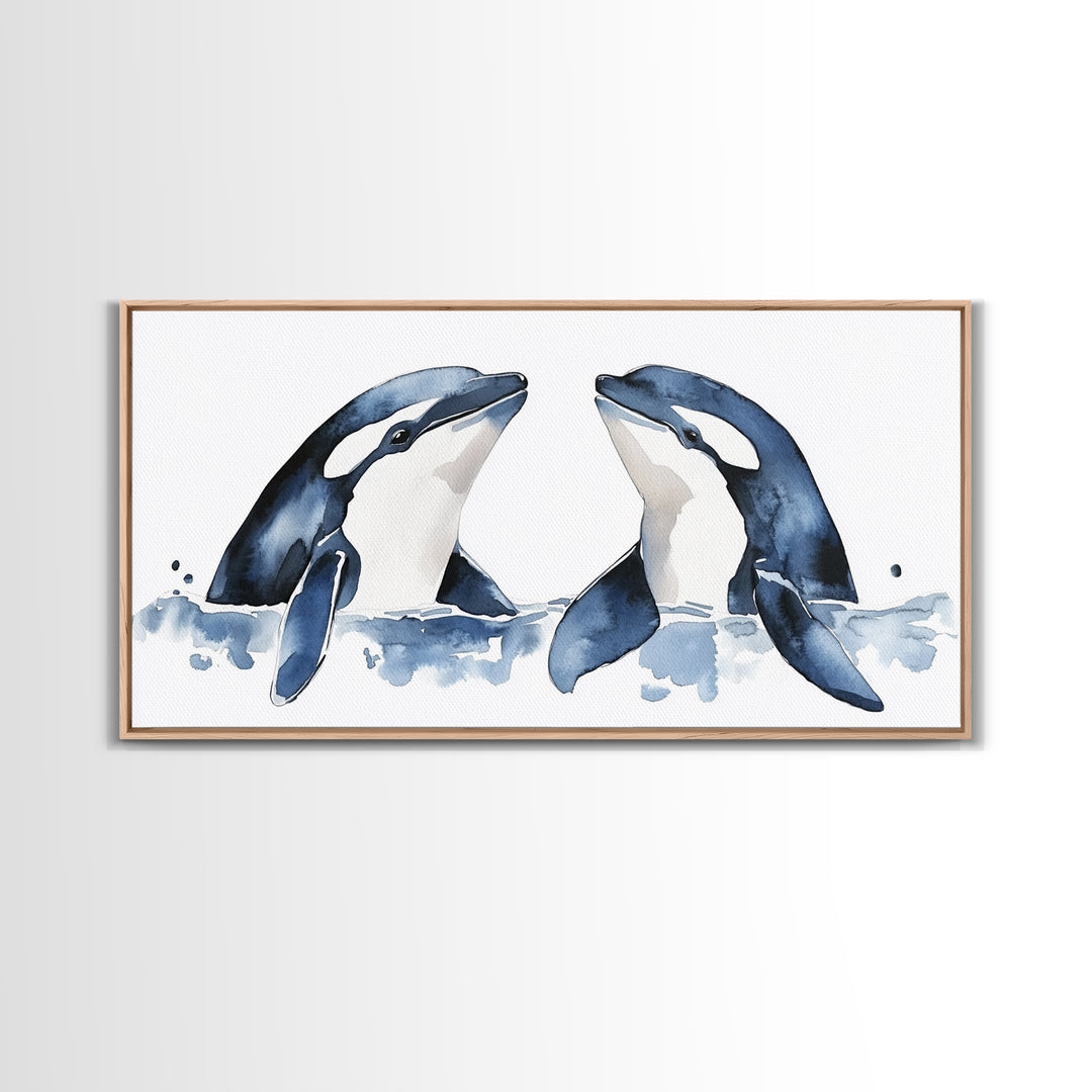 Two Orca Whales Rising From Blue Water Canvas Print, Minimalist Ocean Animal Wall Art, Coastal Nursery Decor, Gift For Her