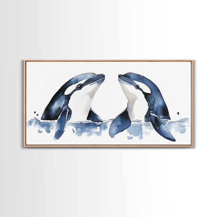 Two Orca Whales Rising From Blue Water Canvas Print, Minimalist Ocean Animal Wall Art, Coastal Nursery Decor, Gift For Her