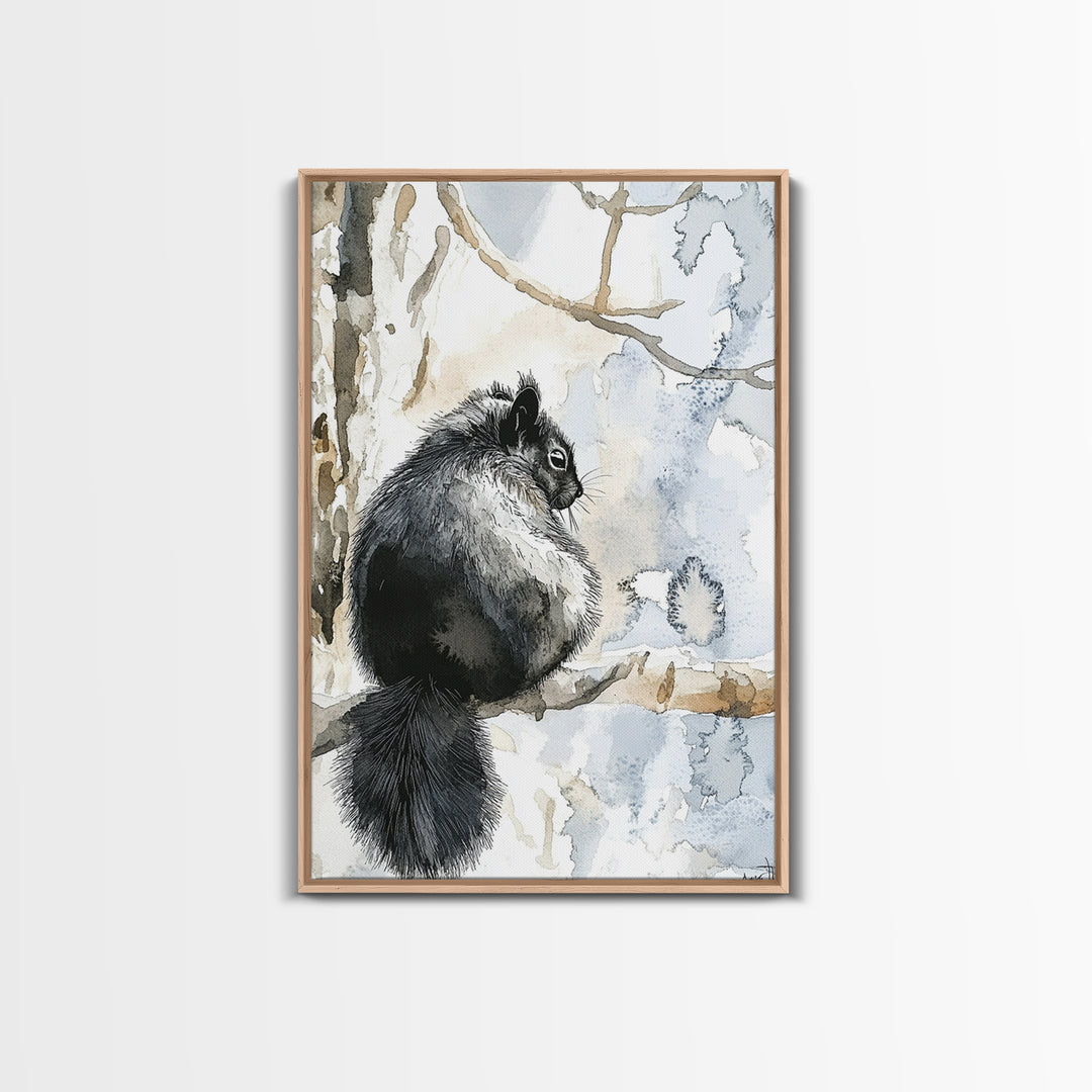Black Squirrel Winter Branch Wall Art, Watercolor Wildlife Print, Rustic Nature Decor, Woodland Animal Art, Cabin Poster